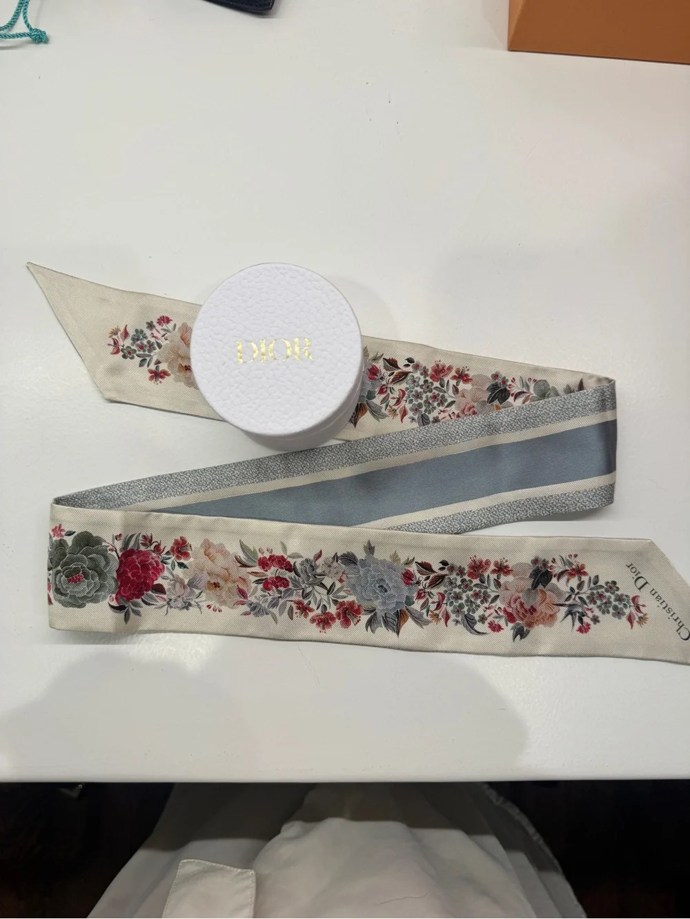Dior Floral Silk Twilly Scarf - Ivory with Multi-Color Floral Print, never worn